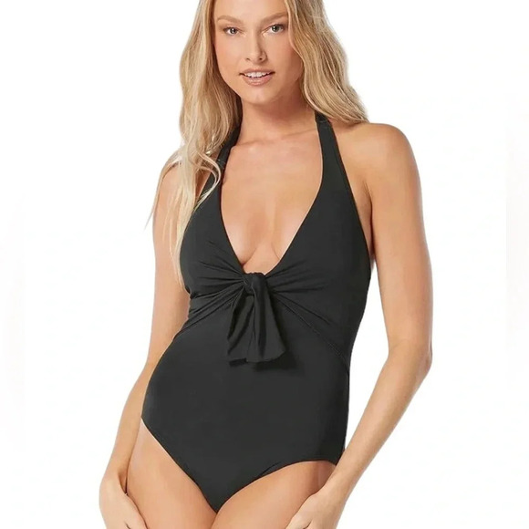 NWT Vince Camuto Tie Front Key Hole Halter One Piece Swimsuit Black Size 6 - Picture 3 of 12